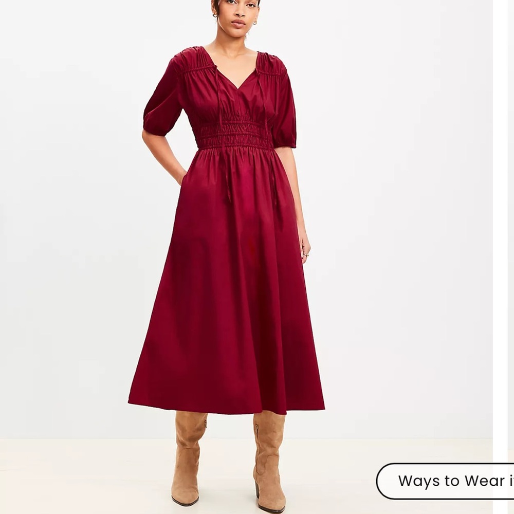 NEW! LOFT Red Shirred Tie Neck Midi Pocket Dress